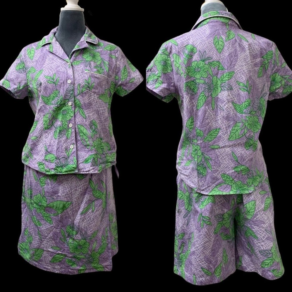 Vintage SAG HARBOR Women's Petites 12 Button Front Skort Purple Plant Mom Set